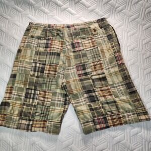 US Polo Association Shorts Mens 34 Quilted Patchwork Plaid Green   Beige‎ Brown